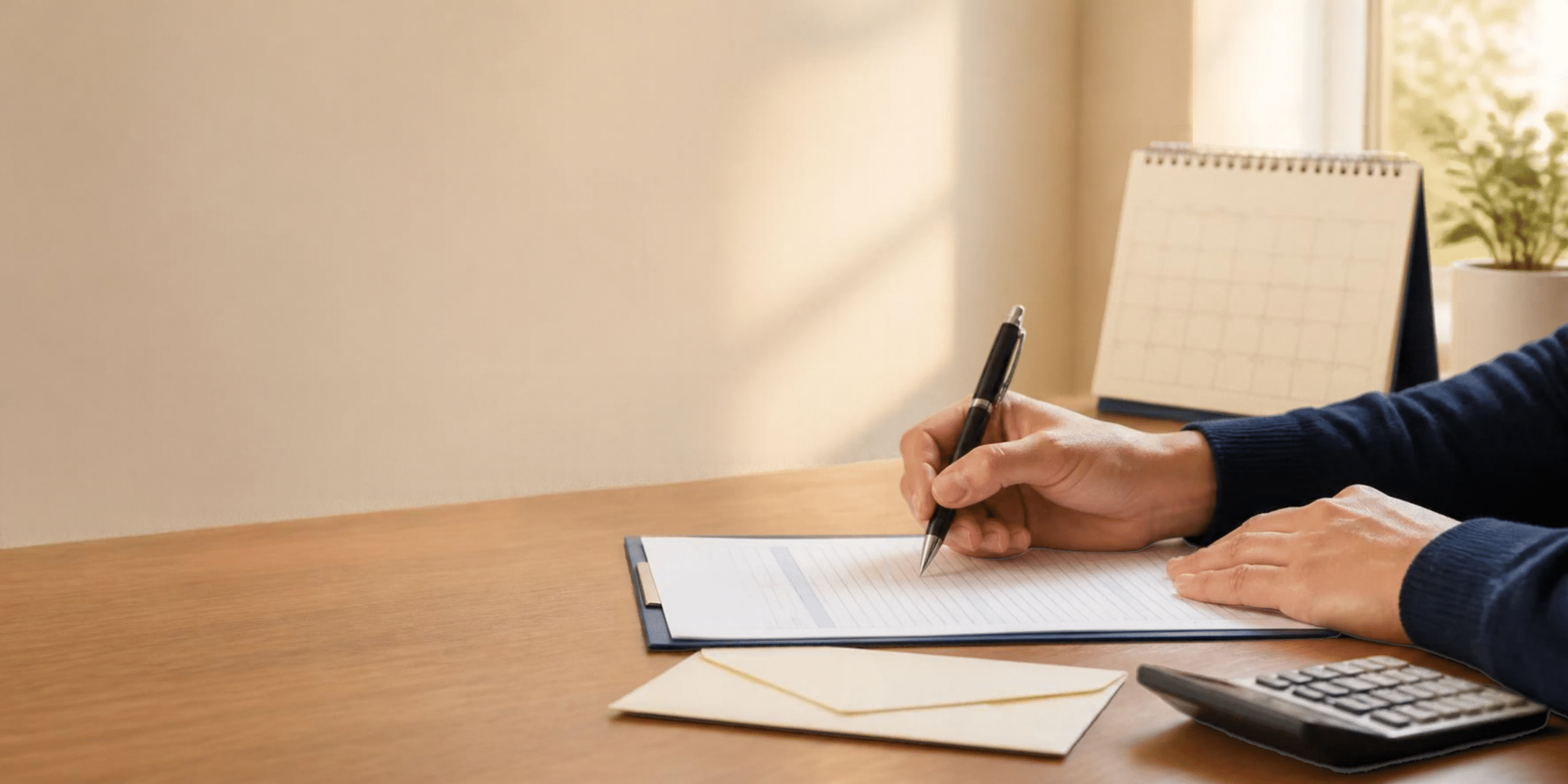 anos llenando un formulario sobre un escritorio con sobre, calculadora y calendario, imagen ilustrativa del aumento de tarifas de USCIS